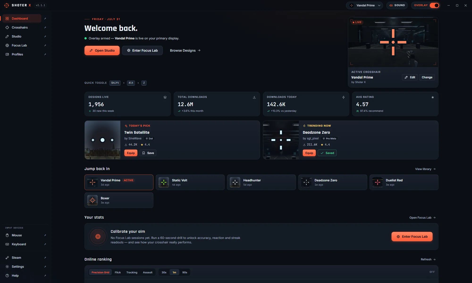 The Shooter X desktop dashboard with the overlay armed